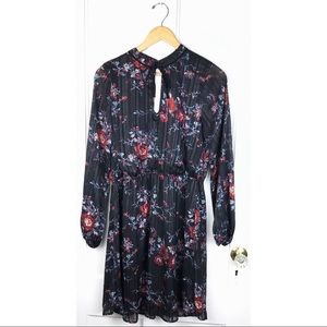 Xhilaration : size : L : black red floral long sleeve pleated summer fall dress